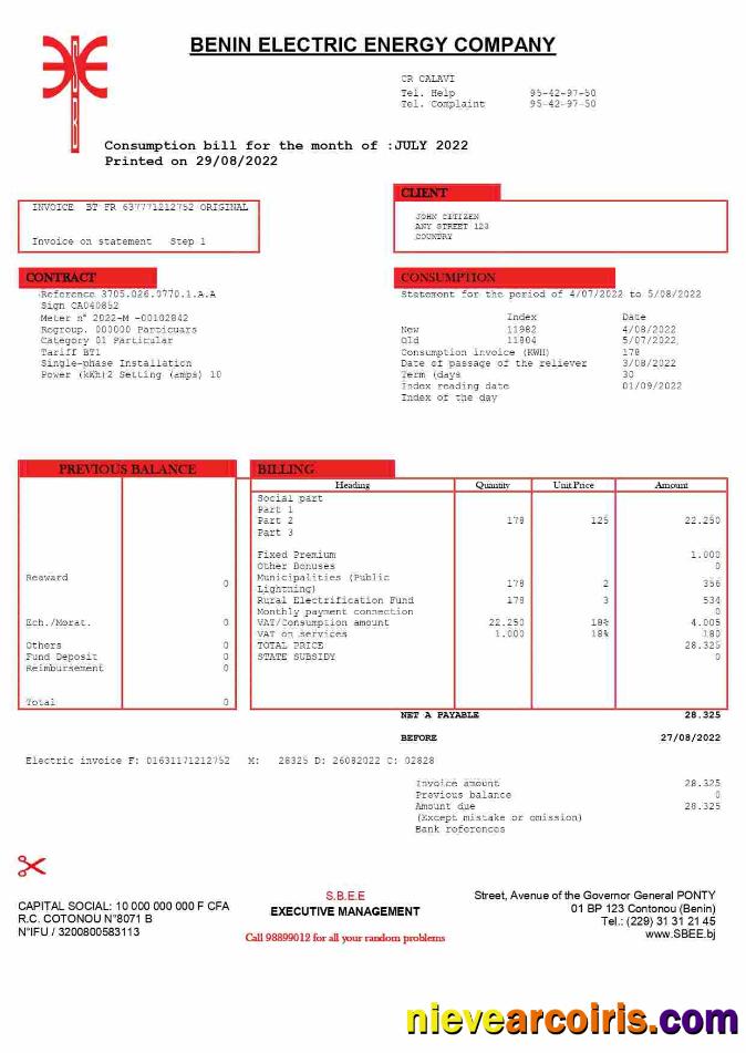 Benin Electric Company utility bill